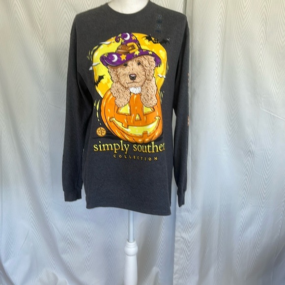 Simply Southern Long Sleeve Tee - Dark Gray with Pumpkin Golden Doodle Dog - Picture 1 of 15